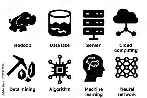Big Data Icon Set. Solid, filled icon set of big data technologies: Hadoop, data lake, server cluster, cloud computing, data mining, AI algorithm, machine
