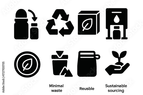 Eco-Friendly Icon Set. Solid, filled icon set of roll-on refill and sustainability: refillable bottle, recyclable materials, biodegradable packaging, refill