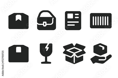 Tiny Delivery Icons. Solid, filled icon set of tiny delivery: parcel box, courier satchel, shipping sticker, barcode label, taped package, fragile sticker,