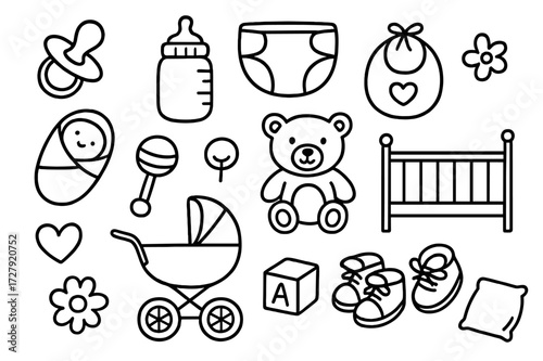 Baby Essentials Doodle Icons. Hand-drawn doodle illustration Baby care essentials pacifier, bottle, diaper, bib, blanket, rattle, teddy bear, crib, stroller,