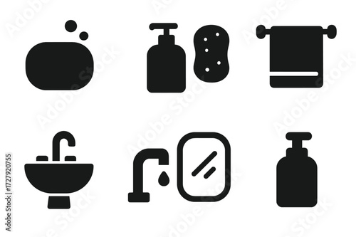 Hygiene Essentials Icons. Solid, filled icon set of soap-related hygiene items: soap bar, hand sanitizer, washcloth, towel, sink, faucet, mirror,