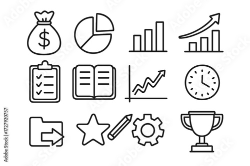Financial Progress Icons. Hand-drawn doodle illustration financial progress tracking money bag, dollar sign, pie chart, bar chart, arrow, checklist, notebook,