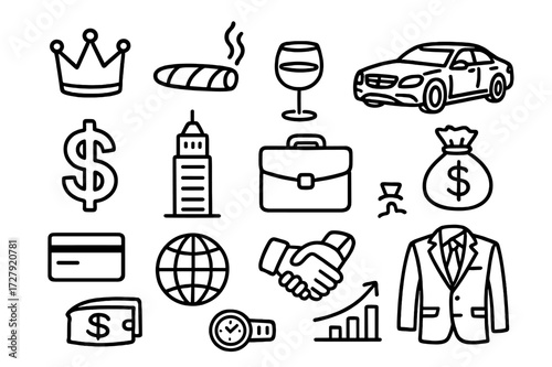 Millionaire Lifestyle Icons. Hand-drawn doodle illustration millionaire lifestyle crown, cigar, glass of wine, luxury car, dollar sign, skyscraper, briefcase,