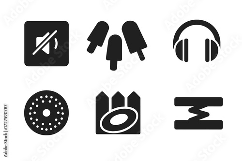 Noise Reduction Icons. Solid, filled icon set of noise reduction tools: muting pad, earplugs, muffler, drum cover, silent cymbal, foam insert, gel pad,