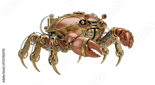 Steampunk crab with intricate mechanical details on a white background.
