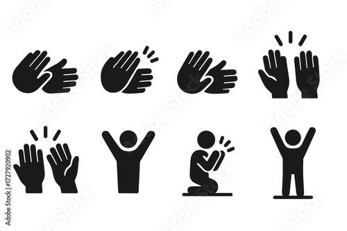 Applause Icon Set. Solid, filled icon set of applause reactions: slow clap, fast clap, silent clap, sarcastic clap, thunderous applause, polite applause,
