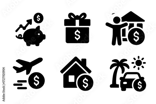 Savings Benefits Icons. Solid, filled icon set of savings benefits: interest growth, cash bonus, financial freedom, stability icon, travel fund, dream home,