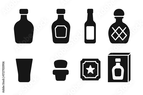 Tequila Icons Collection. Solid, filled icon set of tequila bottles and packaging: classic tequila bottle, reposado bottle, blanco bottle, anejo bottle,