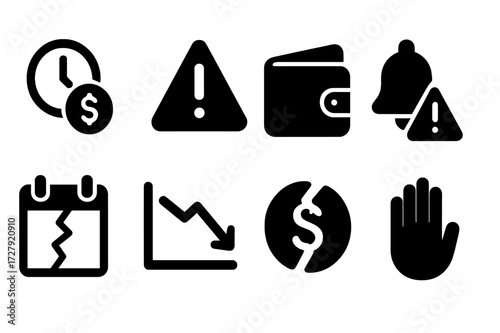 Payment Delay Icons. Solid, filled icon set of payment delay: clock with money, warning sign, empty wallet, alert bell, cracked calendar, downward trend,