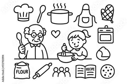 Family Cooking Doodles. Hand-drawn doodle illustration [intergenerational cooking activity] [chef hat, spoon, pot, apron, stove, oven mitt, flour bag, rolling
