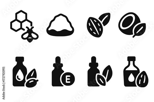 Balm Ingredients Icons. Solid, filled icon set of solid balm ingredients: beeswax, shea butter, cocoa butter, coconut oil, jojoba oil, vitamin E, essential