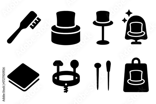 Top Hat Care Icons. Solid, filled icon set of top hat care: brush, hat box, hat stand, waterproof cover, cleaning cloth, hat stretcher, hat pins, storage bag.