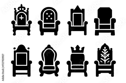 Royal Thrones Icons. Solid, filled icon set of royal thrones: ornate throne, cushioned throne, golden throne, stone throne, wooden throne, velvet throne,