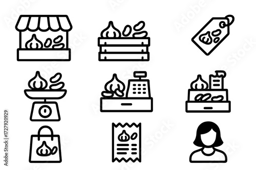 Farm Market Icons. Solid, filled icon set of garlic and beans market: farmer?s market stall, vegetable basket, price tag, scale, cash register, shopping bag,
