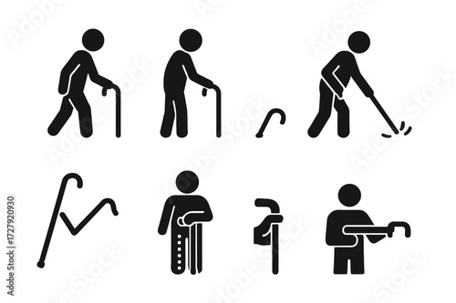 Cane Motion Icon Set. Solid, filled icon set of cane motions: walking with cane, leaning on cane, tapping cane, swinging cane, folding cane, adjusting cane