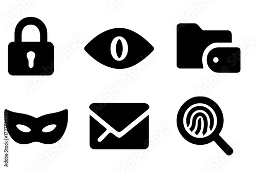Secret Symbols Icons. Solid, filled icon set of secret symbols: locked padlock, key, eye with slit, hidden folder, mask, envelope sealed,