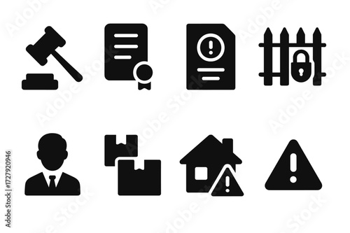 Eviction Legal Icon Set. Solid, filled icon set of eviction court: gavel, legal documents, eviction notice, locked gate, landlord figure, moving boxes, house
