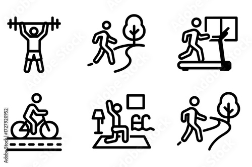 Cardio Environments Icons. Solid, filled icon set of cardio environments: gym, park trail, treadmill room, cycling path, pool, track field, home workout space,