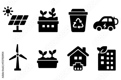 Sustainable Urban Icons. Solid, filled icon set of sustainable urban design: solar panel, green roof, recycling bin, electric car, wind turbine, community