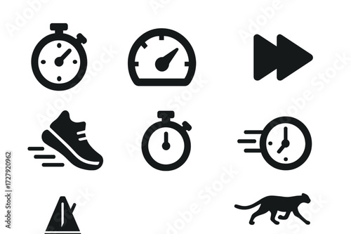 Speed Icons Grid. Solid, filled icon set of pace and speed: stopwatch, speedometer, running shoe, fast forward arrow, timer, metronome, clock with speed lines,