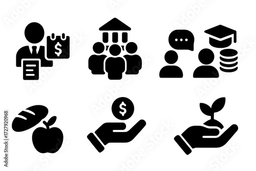 Recession Support Icons. Solid, filled icon set of recession support: unemployment benefits, social programs, counseling, financial aid, retraining, food