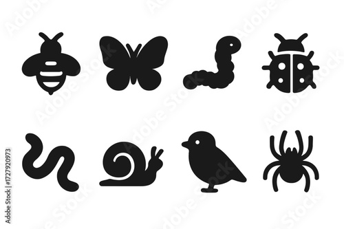 Herb-Related Animal Icons. Solid, filled icon set of herb related animals: bees, butterflies, caterpillars, ladybugs, earthworms, snails, birds, spiders.