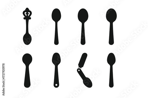 Diverse Spoon Icons. Solid, filled icon set of spoon styles: ornate spoon, minimalist spoon, vintage spoon, modern spoon, child?s spoon, camping spoon, folding