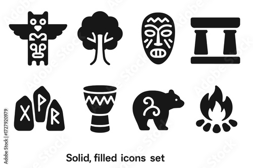 Ancient Belief Icons. Solid, filled icon set of ancient belief symbols: totem pole, sacred tree, ritual mask, ancient altar, runes, tribal drum, spirit animal,
