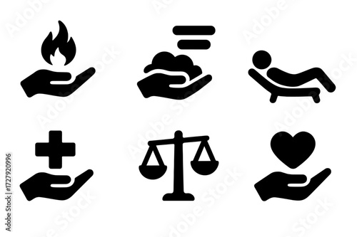 Soothing Sensations Icons. Solid, filled icon set of soothing touch sensations: warmth, softness, calm, relaxation, healing, balance, comfort, peace. Solid,