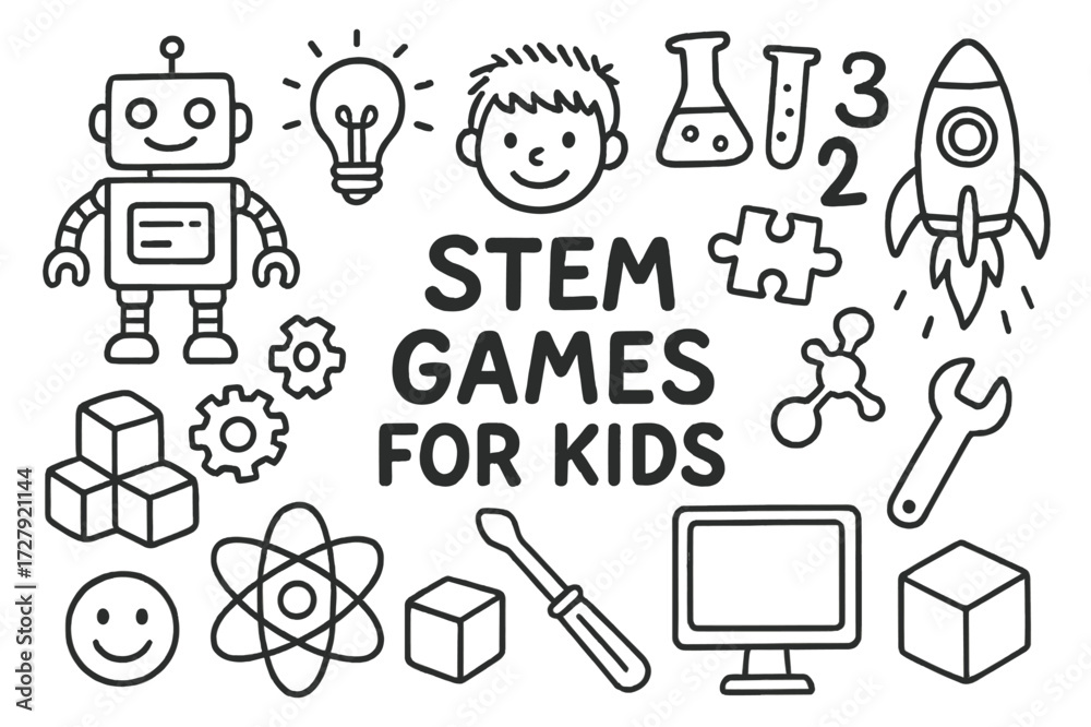 Naklejka premium STEM Doodle Icons. Hand-drawn doodle illustration [STEM games for kids] [robot, gears, blocks, light bulb, child, beaker, test tube, puzzle, numbers, rocket,