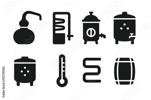 Gin Distillation Icons. Solid, filled icon set of gin distillation equipment: copper still, condenser, boiler, mash tun, fermentation tank, thermometer,