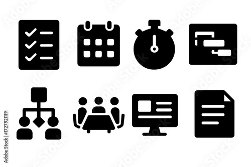 Restructuring Tools Icons. Solid, filled icon set of restructuring tools: checklist, calendar, stopwatch, gantt chart, flow diagram, meeting table, computer