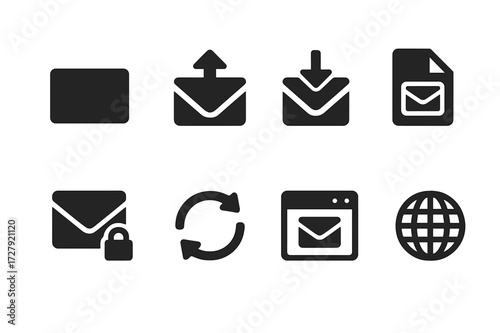Email Protocol Icons. Solid, filled icon set of email protocols: SMTP, IMAP, POP3, MIME, S/MIME, Exchange ActiveSync, MAPI, EWS. Solid, filled icons in only