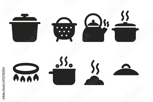 Steam Kitchen Appliances Icons. Solid, filled icon set of steam kitchen equipment: pressure cooker, steamer basket, tea kettle, soup pot, stove burner, boiling