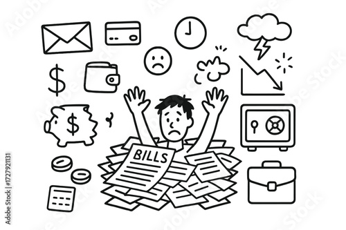 Overwhelming Debt Chaos. Hand-drawn doodle illustration Person drowning in bills paper stack, envelope, dollar sign, credit card, wallet, coins, calculator,
