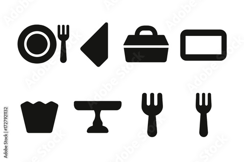 Pastry Icon Set. Solid, filled icon set of pastry serving: plate, fork, napkin, box, tray, cupcake liner, cake stand, dessert fork. Line icons in only black