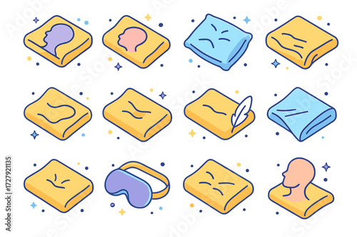 Colorful Pillow Icons. Colorful isometric vector icons set of pillow with an imprint of a person?s head: memory foam pillow, visible head imprint, wrinkled