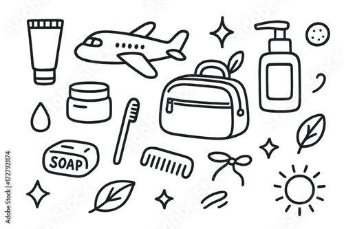 Travel Toiletries Icons. Hand-drawn doodle illustration Travel cosmetics mini cosmetic tube, small jar, pump bottle, travel bag, airplane, toothbrush, soap