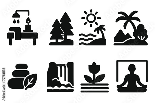 Wellness Icon Set. Solid, filled icon set of wellness environments: spa room, forest, beach, garden, zen stones, waterfall, mountain, yoga studio. Line icons