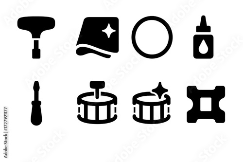 Marching Drum Toolset. Solid, filled icon set of marching drum maintenance: tuning key, cleaning cloth, replacement drumhead, lubricating oil, screwdriver,