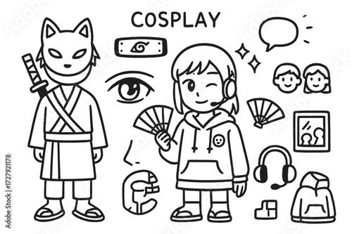 Anime Cosplay Doodle. Hand-drawn doodle illustration [Anime duo cosplay] [fox mask, headband, katana, robe, anime eye, hair clip, fan, badge, sandals, speech
