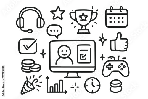 Virtual Work Icons. Hand-drawn doodle illustration virtual work gamification screen icon, headset, star, digital trophy, chat bubble, calendar, task box,