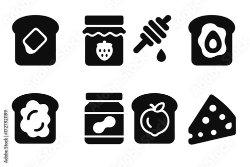 Toast Toppings Icons. Solid, filled icon set of toast toppings: butter, jam jar, honey dipper, avocado spread, cream cheese, peanut butter, chocolate spread,