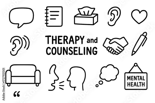 Therapy Doodle Icons. Hand-drawn doodle illustration [therapy and counseling] [speech bubble, notepad, therapist chair, tissue box, listening ear, heart,