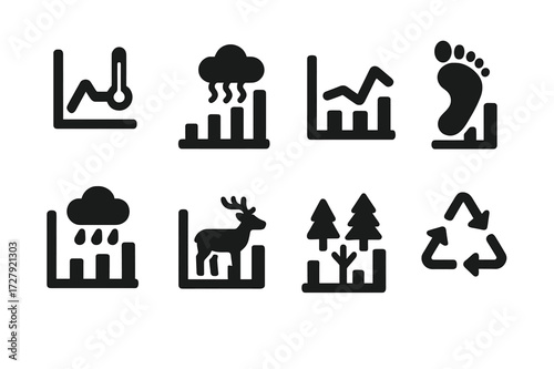 Environmental Icons Grid. Solid, filled icon set of environmental charts: temperature graph, pollution levels, rainfall data, carbon footprint, energy usage,