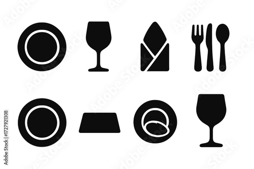 Banquet Table Icons. Solid, filled icon set of banquet room table settings: dinner plate, wine glass, napkin fold, cutlery set, charger plate, place card,