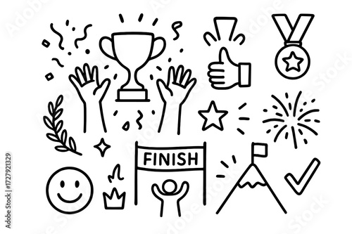 Victory Icons Doodle. Hand-drawn doodle illustration [Success moment] trophy, raised hands, confetti, medal, thumbs up, laurel wreath, star, finish line,