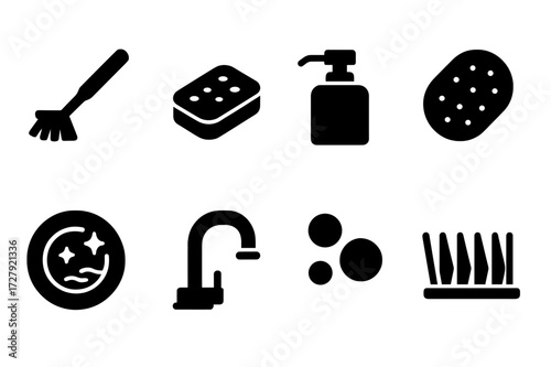 Kitchen Cleaning Icons. Solid, filled icon set of kitchen scrubbing: dish brush, sink sponge, soap dispenser, scrub pad, dirty plate, water faucet, bubbles,