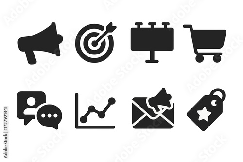 Marketing Icon Set. Solid, filled icon set of corporate marketing: megaphone, target, billboard, shopping cart, social media, analytics graph, email campaign,