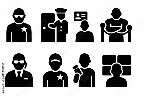 Bouncer Role Icons. Solid, filled icon set of bouncer roles: security guard, door man, ID checker, crowd controller, bodyguard, event staff, ticket checker,